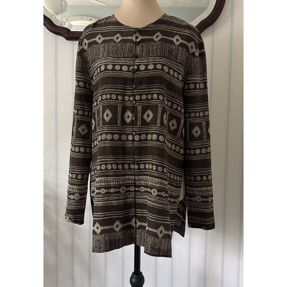 Womens VNT Jones New York Silk Button Shirt Aztec Print Old Money Brown Tan 6